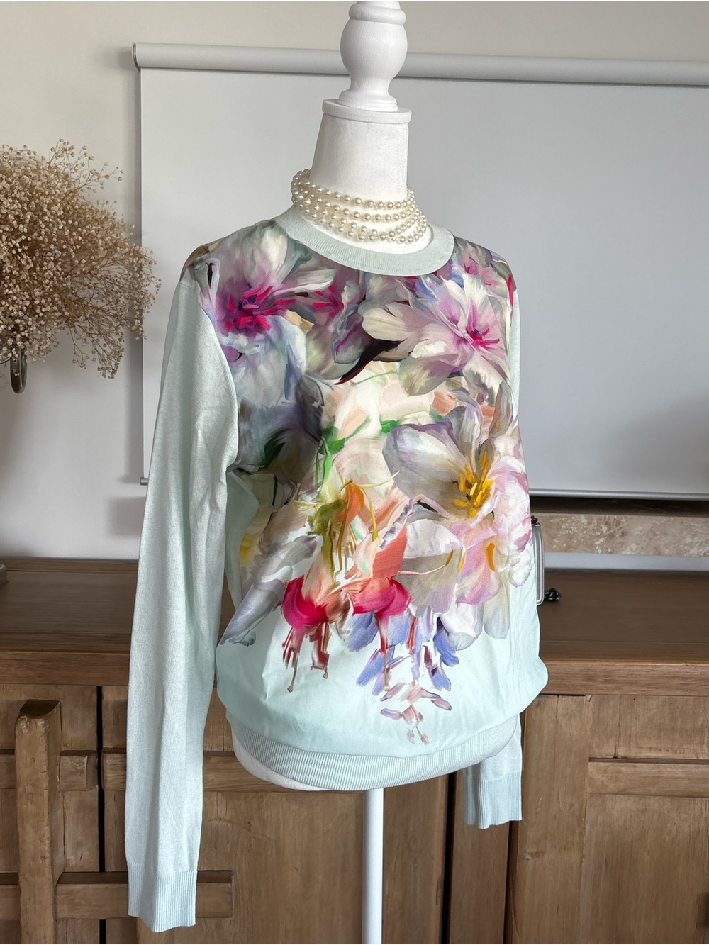 Ted Baker Gertie Hanging Gardens Floral Silk Blend Sweater Mint UK 3 US 8 M 90s - Picture 6 of 15